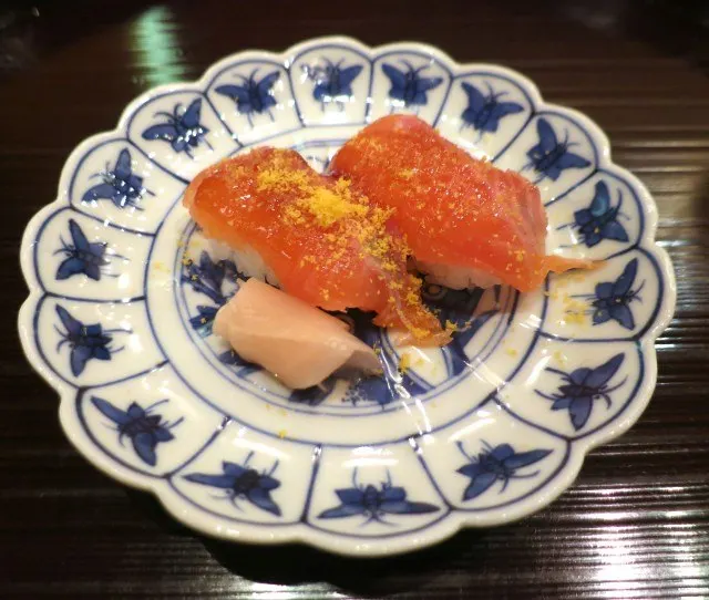 Salmon Sushi with Ginger at our Kaiseki Dinner in Kyoto Japan