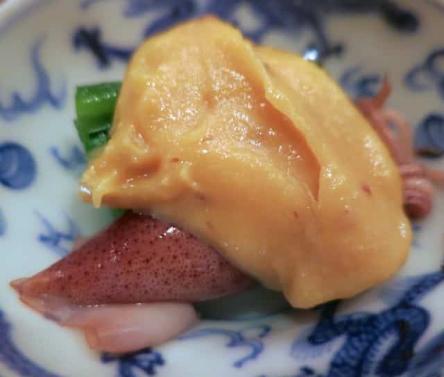 Firefly Squid Topped with Miso at our Kaiseki Dinner in Kyoto Japan