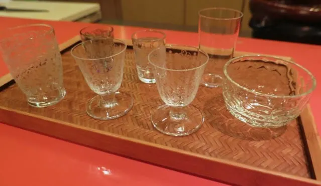 Sake Glass Selection at our Kaiseki Dinner in Kyoto Japan
