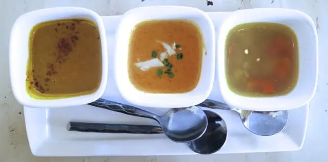 Soup Sampler with She Crab Soup, Pennsylvania Dutch Chicken Rivel Soup and Pumpkin Pear Soup