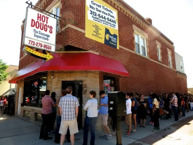Line for a Late Lunch at Hot Doug's in Chicago. Food fans wait over an hour for a last meal at Doug Sohn's temple of dogdom.