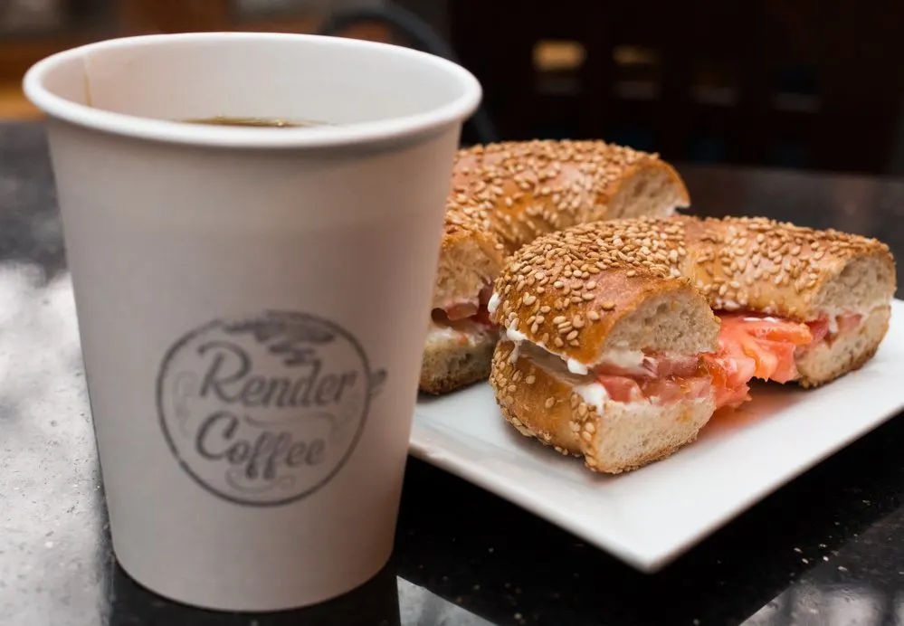 Bagel and Coffee at Render Coffee in Boston Massachusetts 