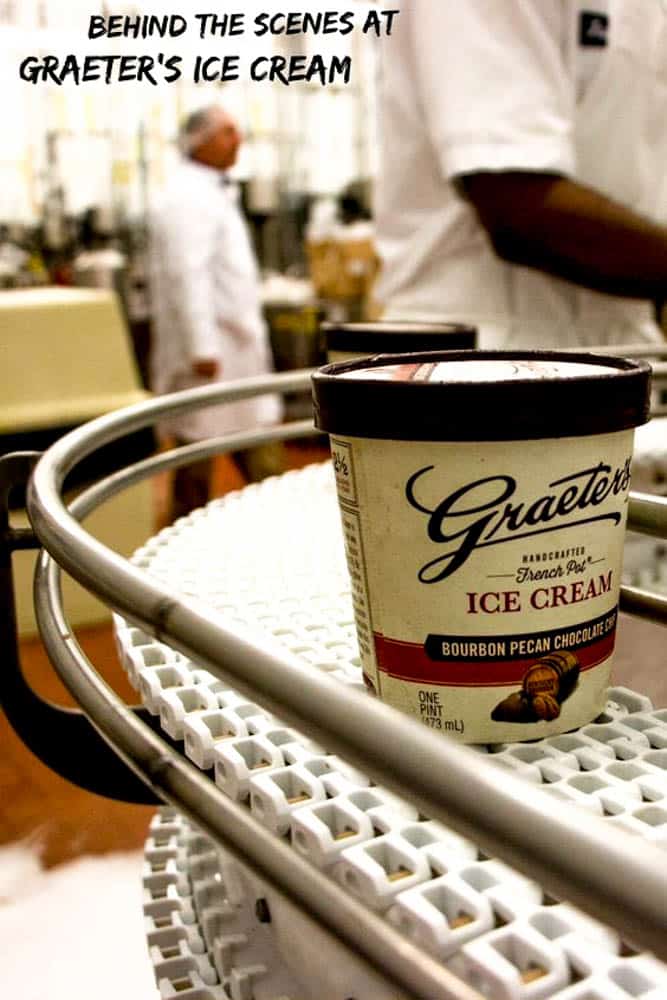 Pinterest image: image of Graeter's Ice Cream factory with caption reading 'Behind the Scenes at Graeters Ice Cream'