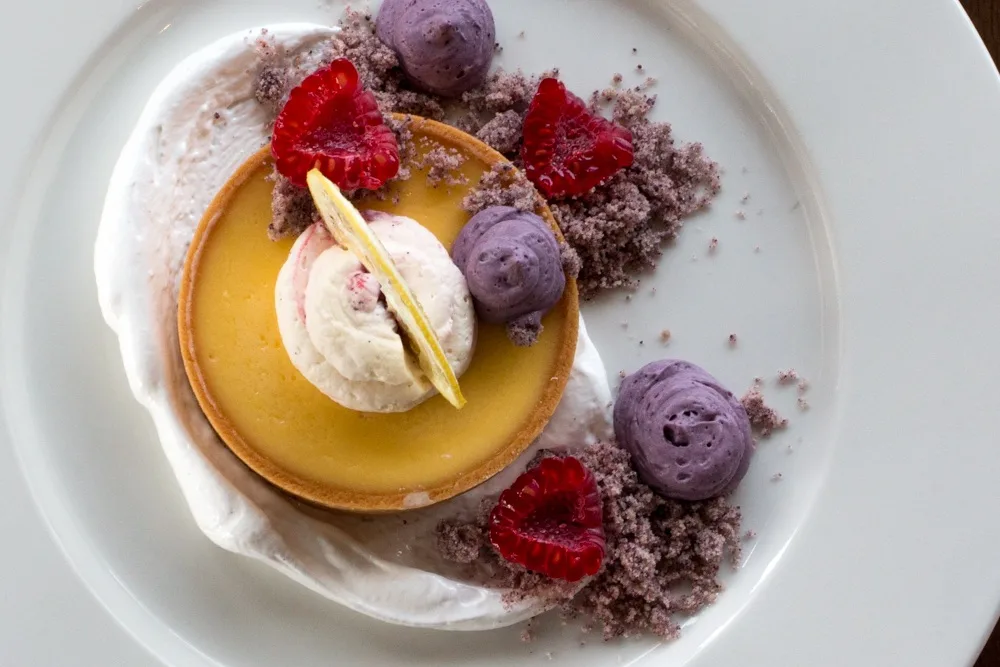 Lemon Brulee Tart with Raspberry Cream and Blueberry Custard at Restaurant at the Tate Modern 