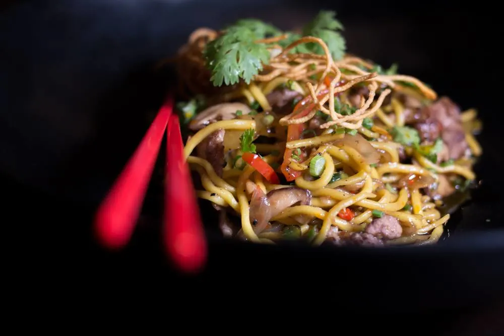 Lo-Mein Noodles with Mongolian Beef at CHOW Cafe in Bangkok Thailand