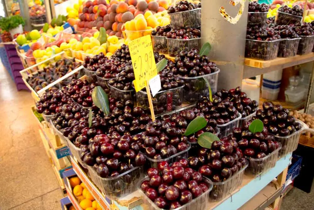 Cherries at Mercato delle Herbe in Bologna Italy