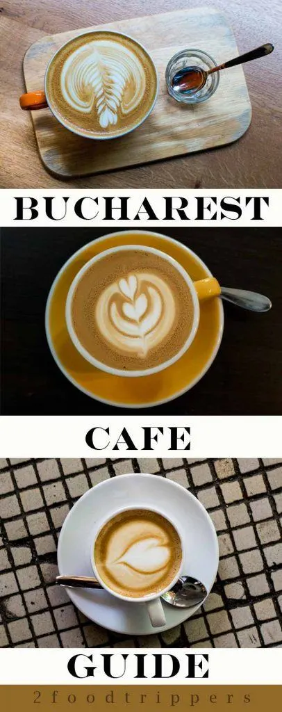 Pinterest image: three images of Bucharest coffee with caption reading 'Bucharest Cafe Guide'