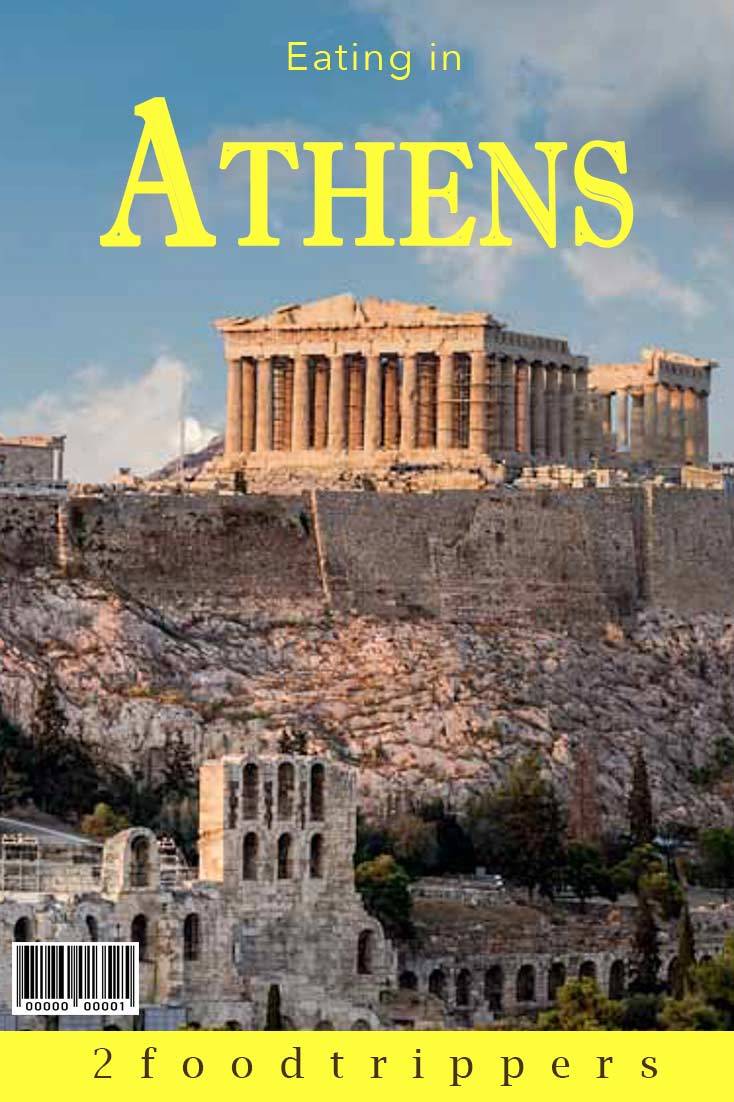 Pinterest image: image of Acropolis in Athens with caption reading 'Eating in Athens'