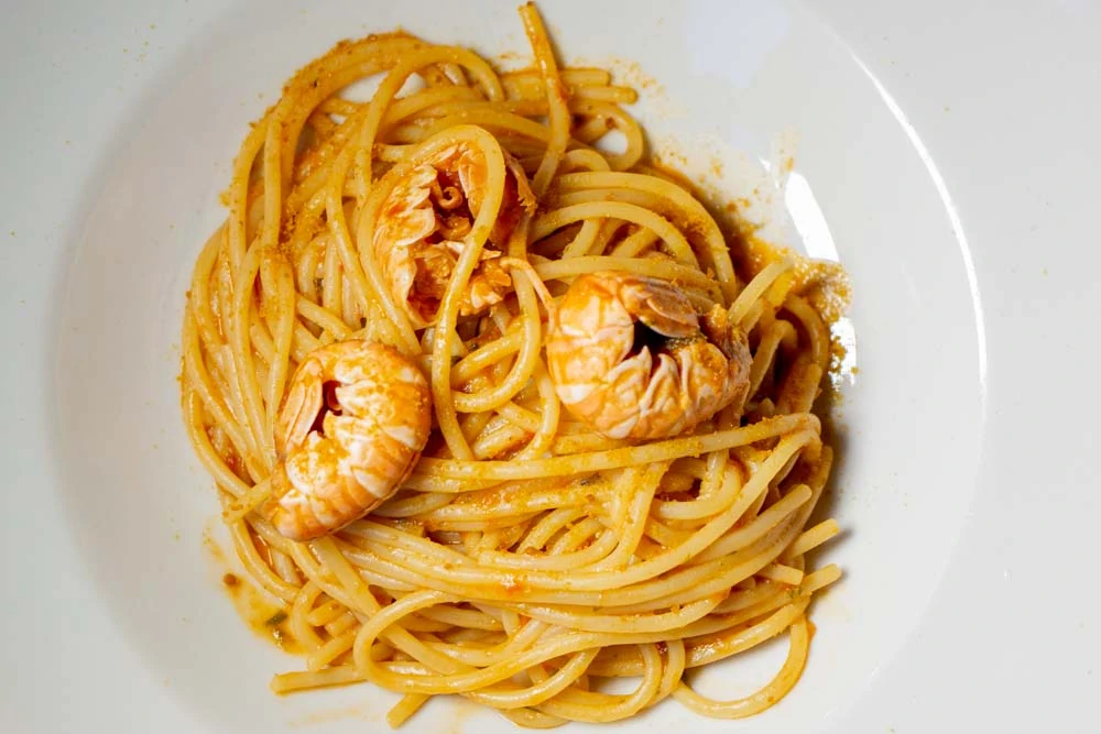 Spaghetti with Bottarga and Langoustines at Sette Tavoli in Bologna Italy