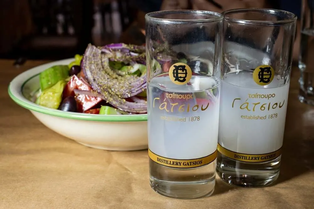 Ouzo and Salad at Ouzeri Lesvos in Athens Greece - Athens Restaurants