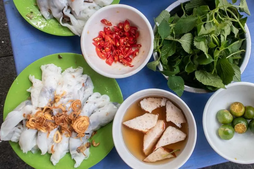 Banh Cuon on Blue Table in Hanoi Vietnam