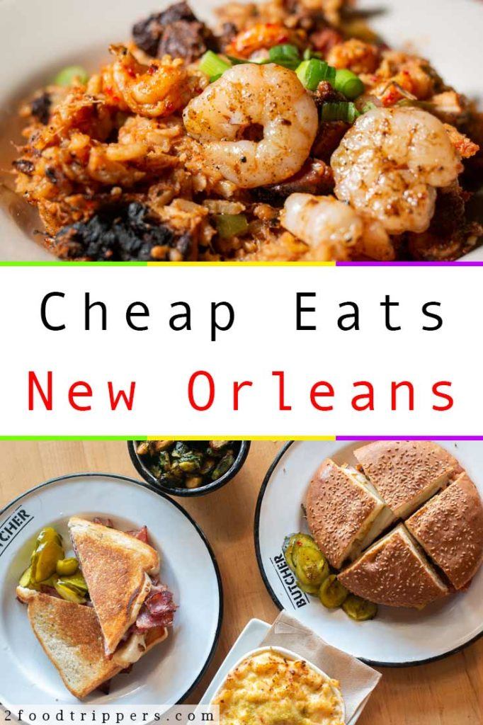 Pinterest image: two images of New Orleans food with caption reading 'Cheap Eats New Orleans'