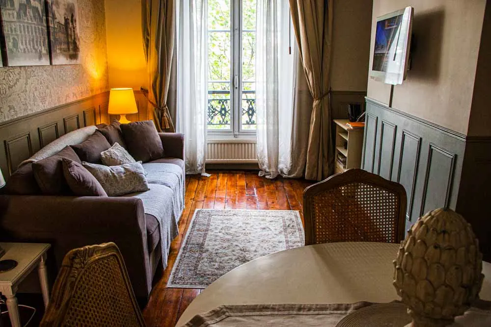 Living Room in Cobblestone Paris Apartment Hotel