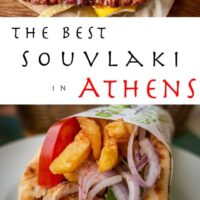 Pinterest image: two images of Athens souvlaki with caption reading 'The Best Souvlaki in Athens'