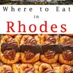 Pinterest image: two images of Rhodes with caption reading 'Where to Eat in Rhodes'