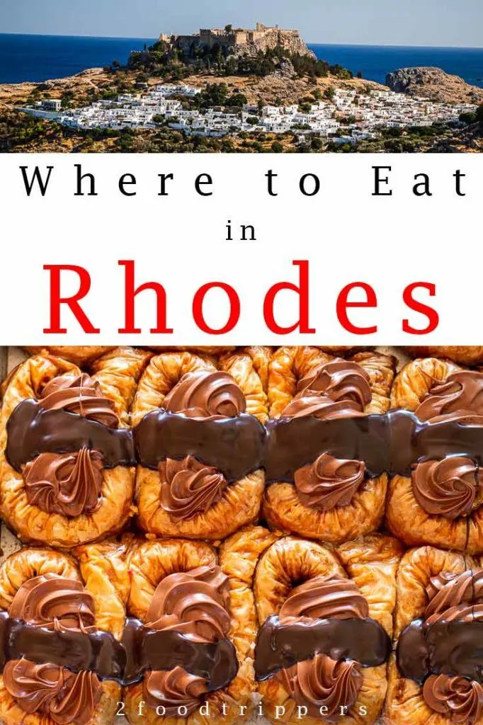 Pinterest image: two images of Rhodes with caption reading 'Where to Eat in Rhodes'