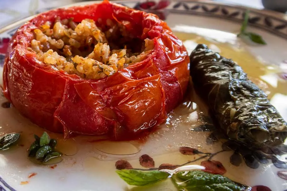 Stuffed Tomato and Dolmades at Paraga in Rhodes