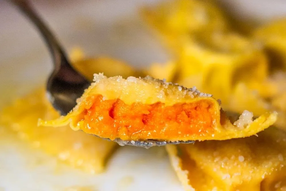 Fork of Tortelli Stuffed with Pumpkin at Trattoria Ai Due Platani in Parma