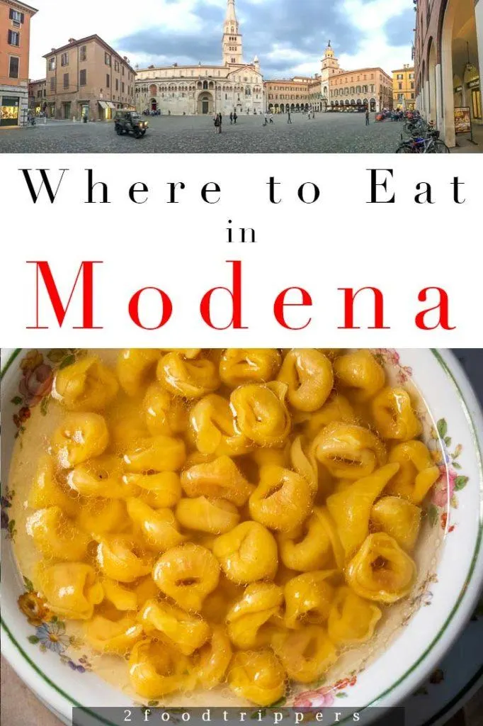 Pinterest image: two images of Modena with caption reading 'Where to Eat in Modena'