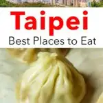 Pinterest image: image of soup dumpling with caption reading ‘Taipei Best Places to Eat’