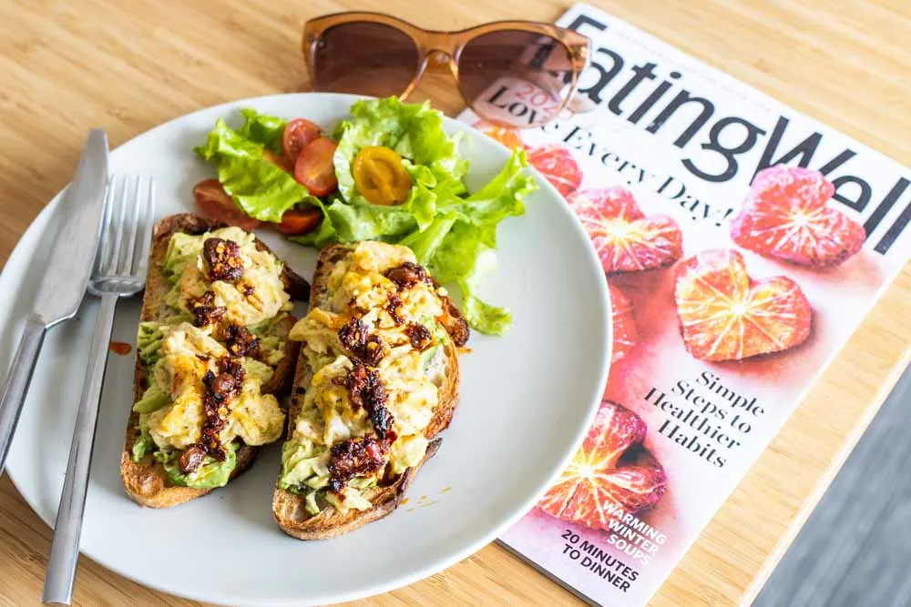 Avocado Egg Toast with Magazine and Sunglasses
