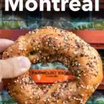 Pinterest image: image of bagel with caption reading 'Where to Eat in Montreal'