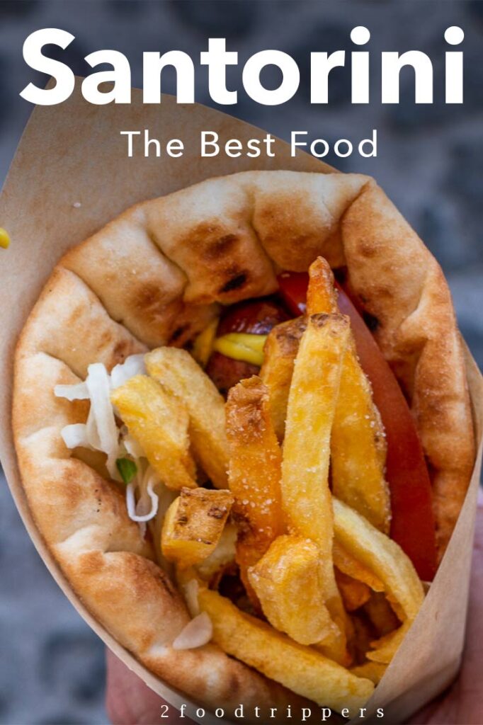 Pinterest image: image of souvlaki with caption 'Santorini The Best Food’