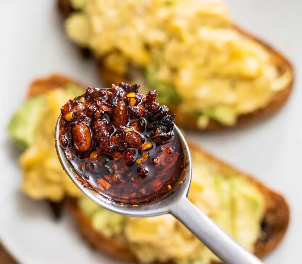 Spoonful of Chili Crisp with Avocado Egg Toast
