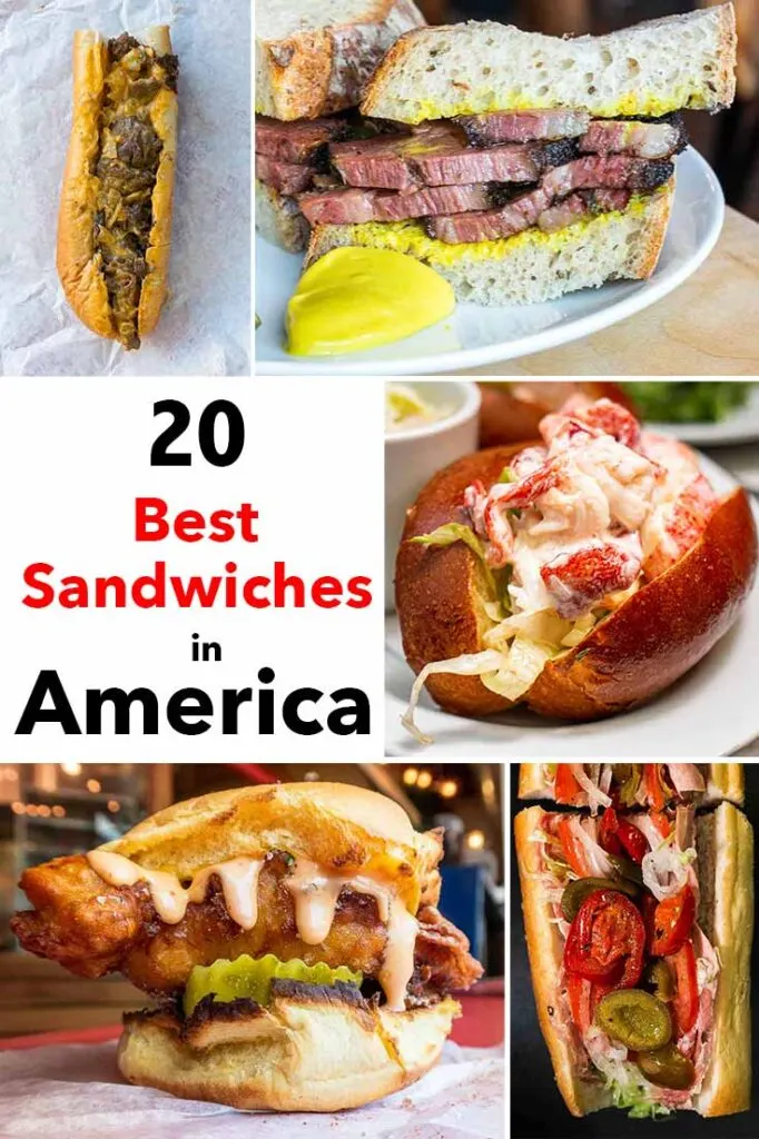 Pinterest image:5 images of sandwiches with caption reading '20 Best Sandwiches in America'