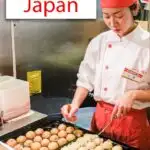 Pinterest image: image of takoyaki vendor with caption reading "What to Eat in Japan"