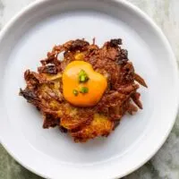 Kimchi Latke with Gochujang Sour Cream with Marble Background
