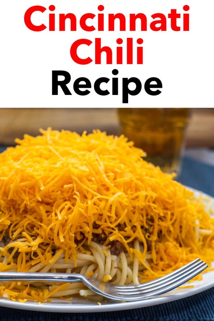 Pinterest image: cincinnati chili with caption reading "Cincinnati Chili Recipe"