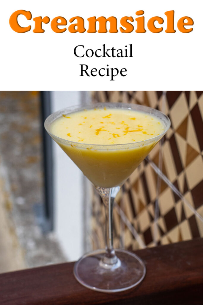 Pinterest image: orange creamsicle cocktail with caption reading "Creamsicle Cocktail Recipe"