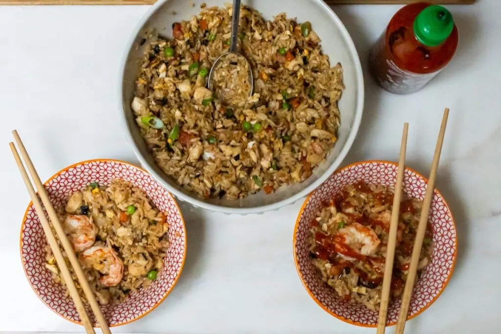 Yangzhou Fried Rice with Sriracha and Two Serving Bowls