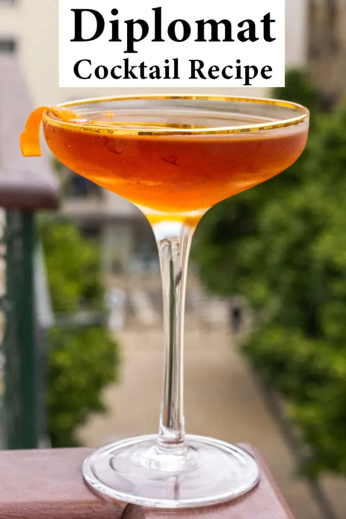 Pinterest image: diplomat cocktail with caption reading "Diplomat Cocktail Recipe"
