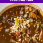 Pinterest image: photo of gumbo with caption reading "New Orleans Restaurant Icons"