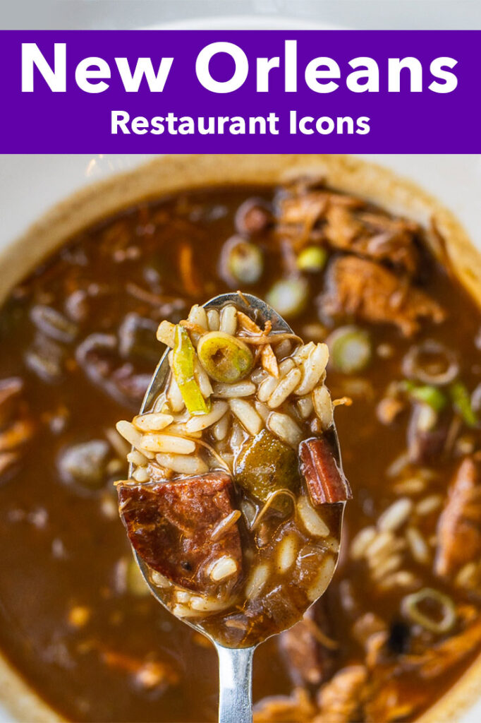 Pinterest image: photo of gumbo with caption reading "New Orleans Restaurant Icons"
