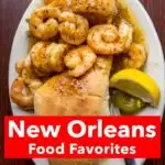 Pinterest image: BBQ Shrimp Po Boy with caption reading "New Orleans Food Favorites"