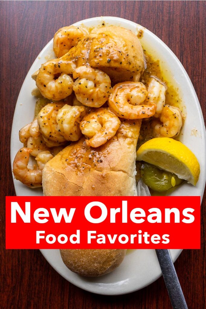 Pinterest image: BBQ Shrimp Po Boy with caption reading "New Orleans Food Favorites"