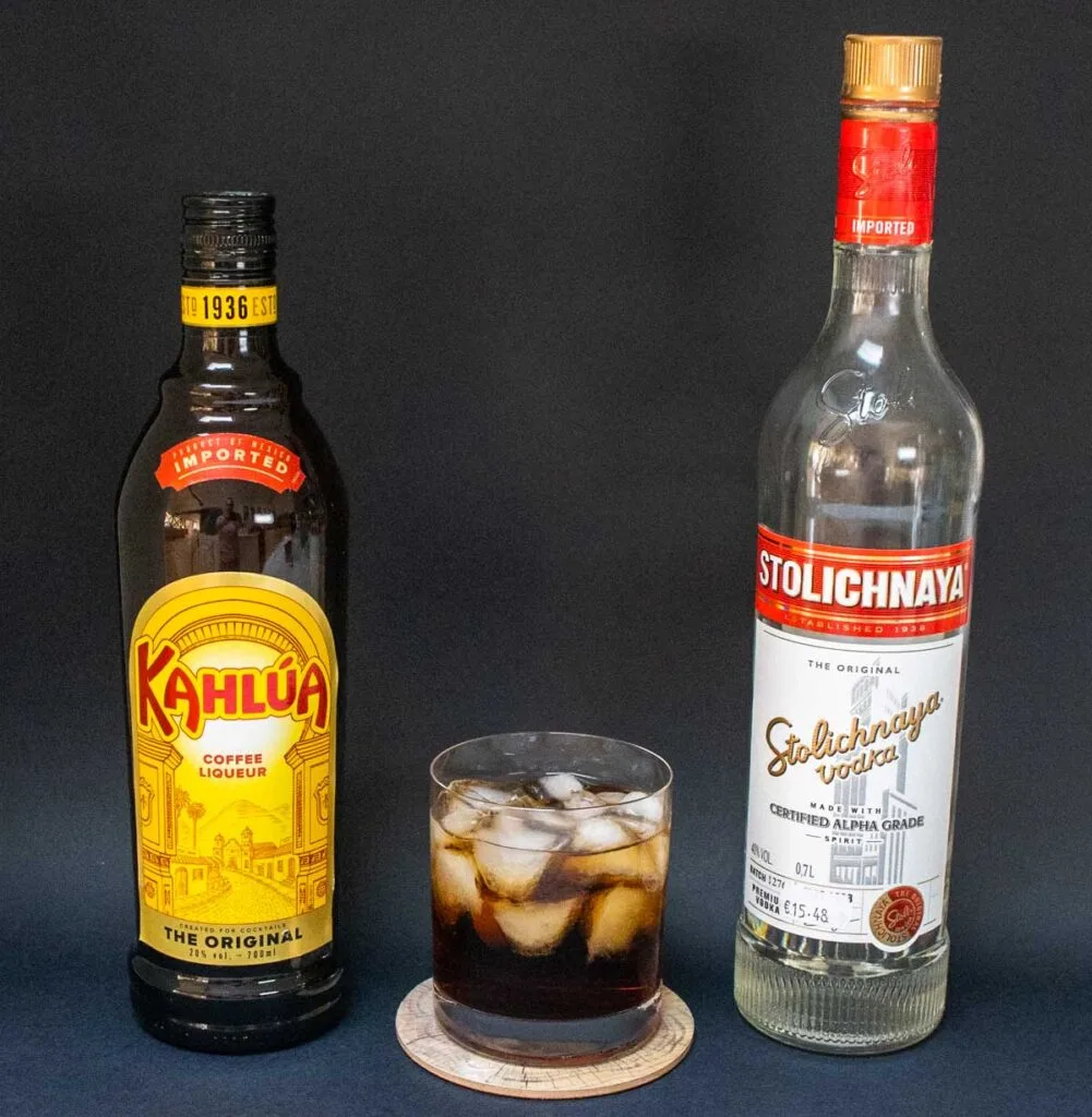 Black Russian with Kahlua and Vodka Bottles