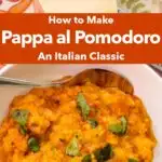 Pinterest image: photo of pappa al pomodoro with caption reading "How to Make Pappa al Pomodoro An Italian Classic"