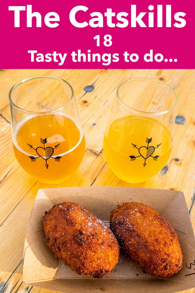 Pinterest image: photo of cider with caption reading "The Catskills 18 Tasty things to do..."