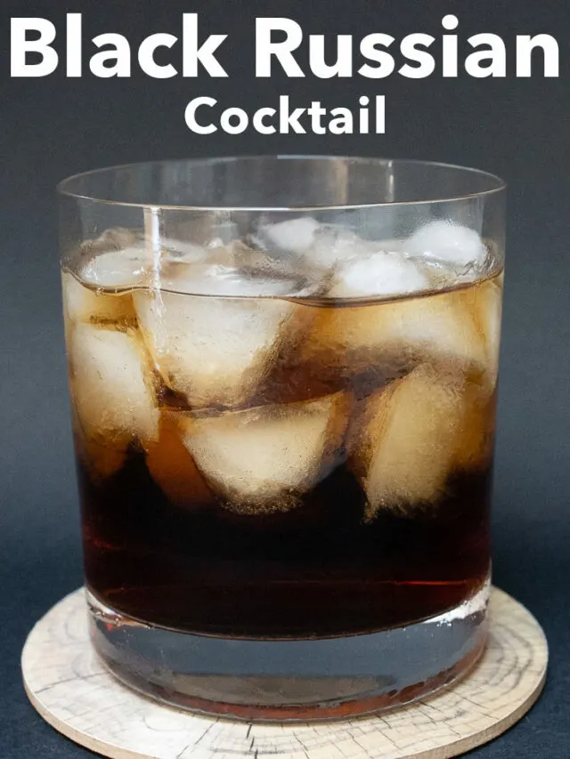 Pinterest image: black russian cocktail with caption reading "Black Russian Cocktail Recipe"
