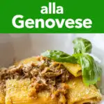 Pinterest image: photo of pasta alla genovese with caption reading 