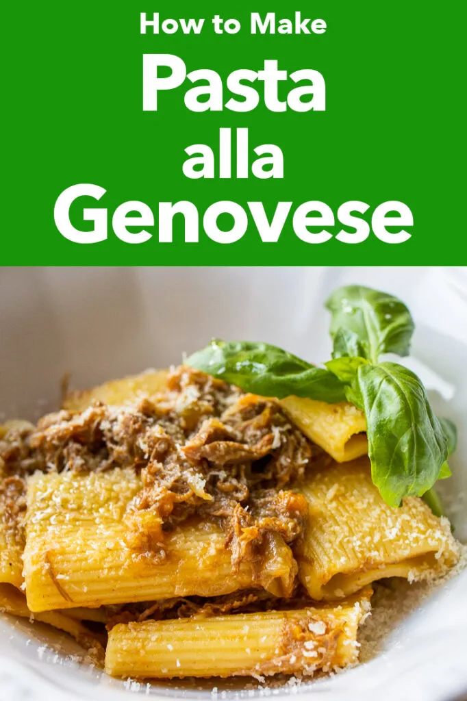 Pinterest image: photo of pasta alla genovese with caption reading "How to Make Pasta alla Genovese"
