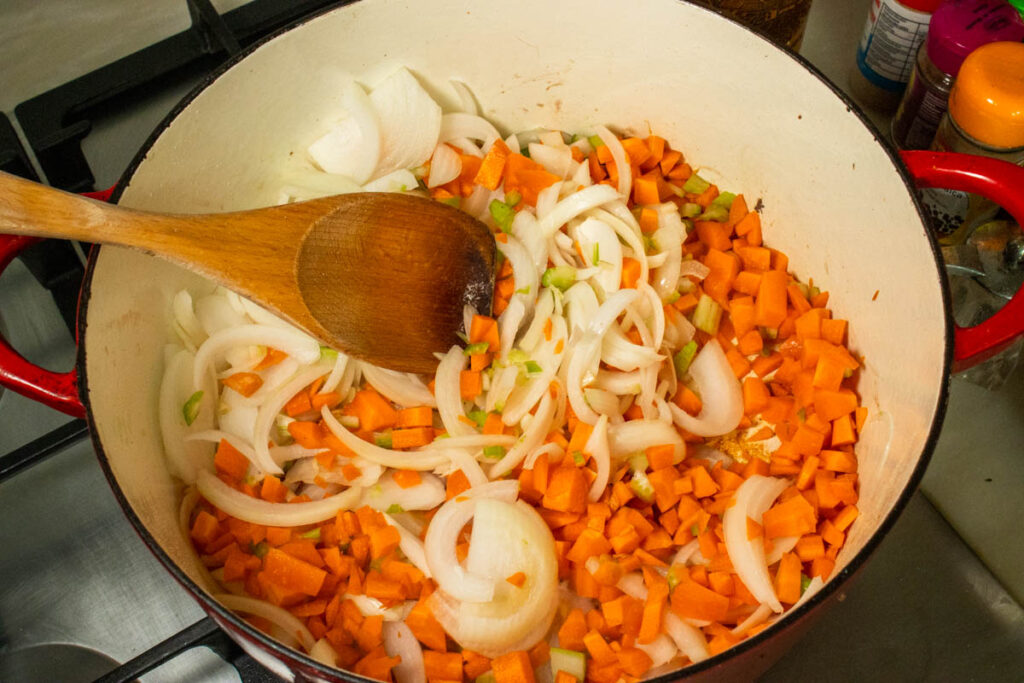Sauteing Mirepoix for Pasta all Genovese