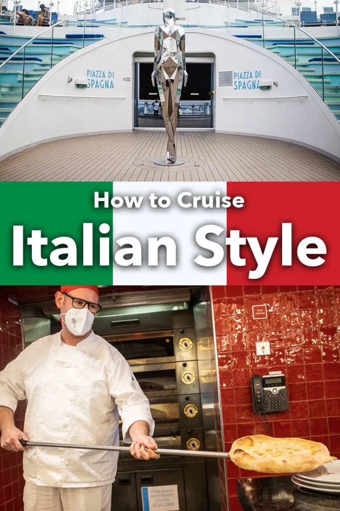 Pinterest images: photos of Costa Smeralda and Pizza with caption reading "How to Cruise Italian Style"