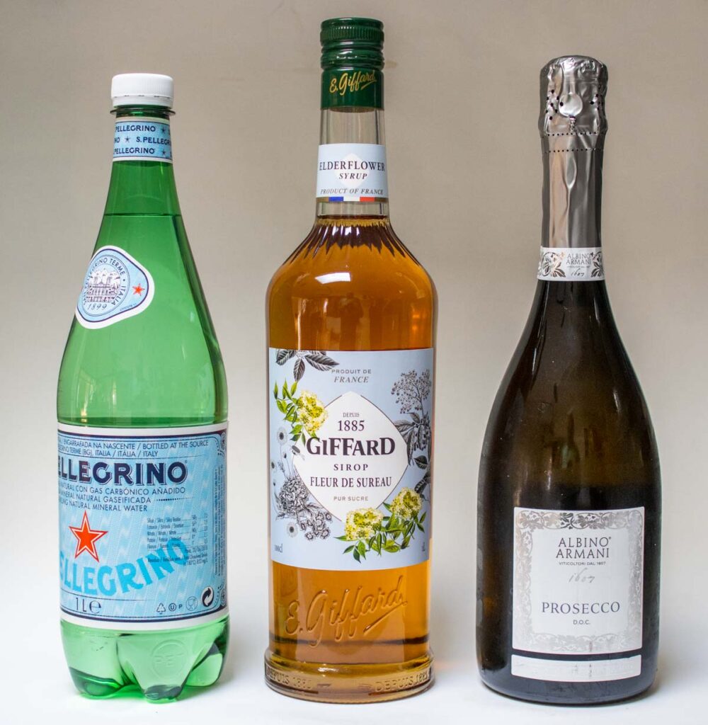 Bottles of Sparkling Water, Elderflower Syrup and Prosecco