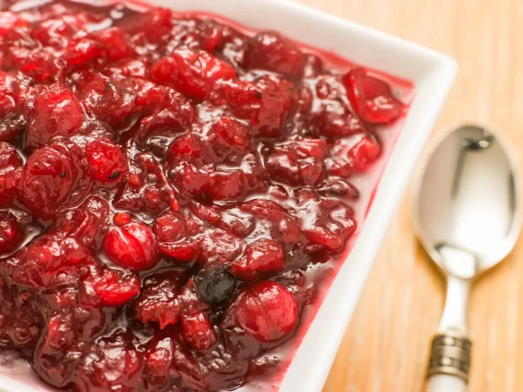 Cranberry Sauce in Bowl with Spoon