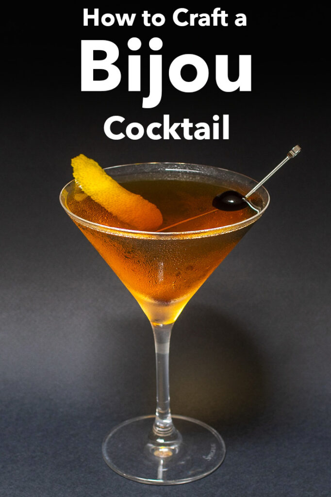 Pinterest image: photo of a cocktail with caption reading "How to Craft a Bijou Cocktail"